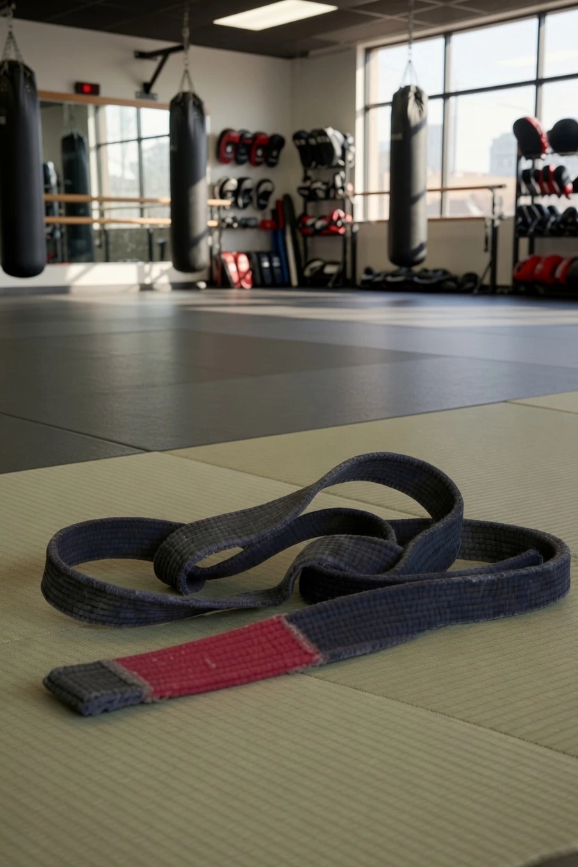 A worn jiu jitsu belt on the mat in a training gym