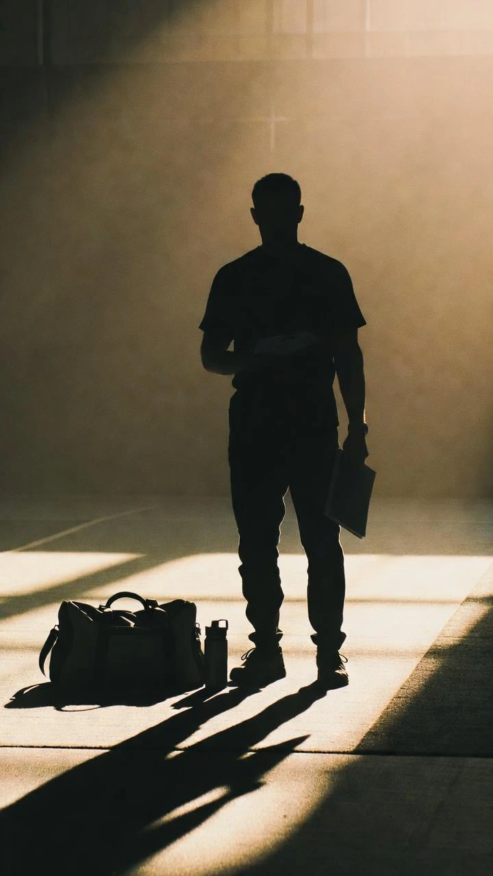 Coach in silhouette holding a clipboard with a bag and water bottle