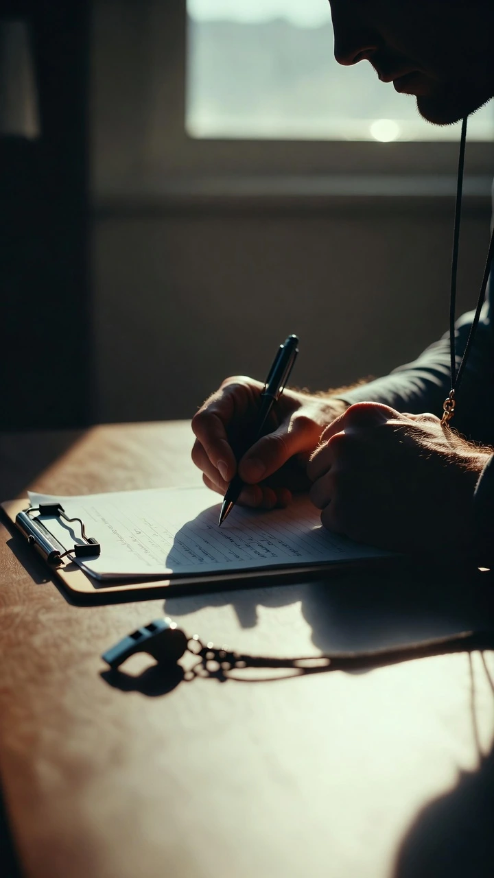 Coach writing a session plan on a clipboard with a whistle nearby